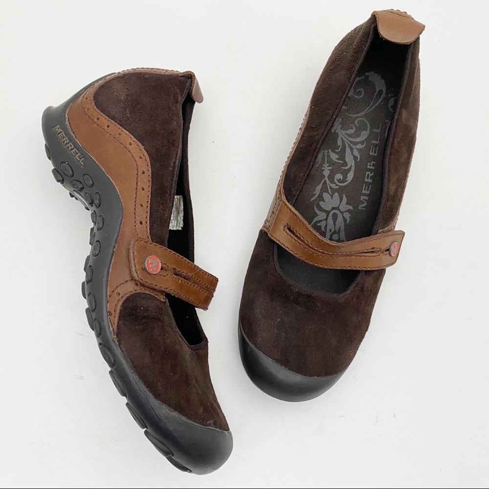 MERRELL Plaza Bandeau Espresso Brown Leather & Suede Mary Janes - Size 7